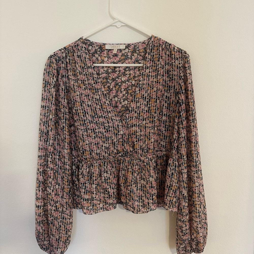 Wayf Pink and Black Floral Peplum Blouse